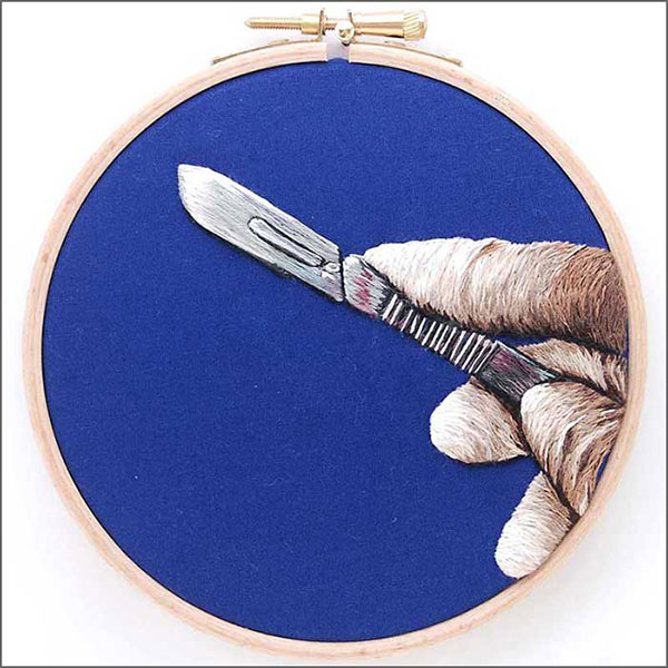 Embroidered hoop of the a sharp scratch by Cath Janes